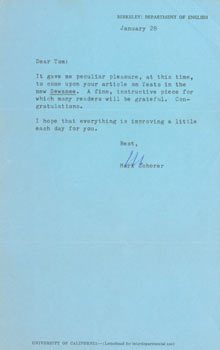 Item #63-4873 TLS Schorer to Parkinson, January 28, 19[61]. RE: finding a Yeats article by...