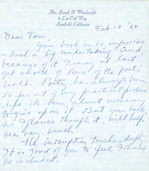 Item #63-4880 ALS Wheelwright to Thomas Parkinson, February 10, 1964. Jane Hollister Wheelwright