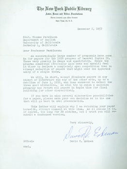Item #63-4882 TLS Erdman to Thomas Parkinson, December 5, 1957. RE: submitting papers for...