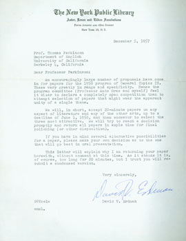 Item #63-4882 TLS Erdman to Thomas Parkinson, December 5, 1957. RE: submitting papers for...