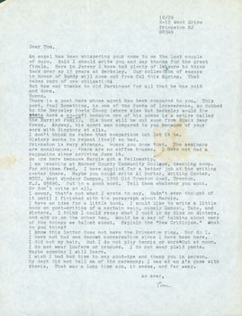Item #63-4885 TLS Tom Collins to Thomas Parkinson, October 29, [ca. 1975?]. RE: Ransom, Tate, New...