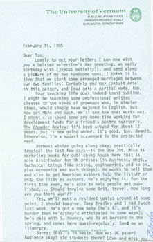 Item #63-4889 TLS MacDonald to Thomas Francis Parkinson, February 15, 1985. RE: Poetry, Seamus...