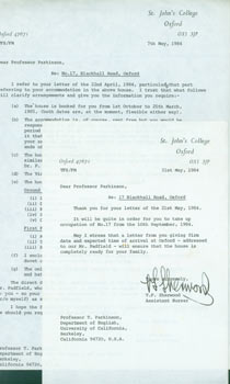 Item #63-4890 Correspondence from Oxford University to Thomas Parkinson, May 1984. RE:...