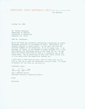 Item #63-4891 TLS Beverly Jarrett to Thomas Parkinson, October 16, 1984. RE: Yeats. Beverly...