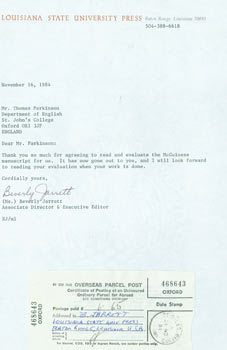 Item #63-4892 TLS Beverly Jarrett to Thomas Parkinson, November 16, 1984. RE: Yeats. Includes...