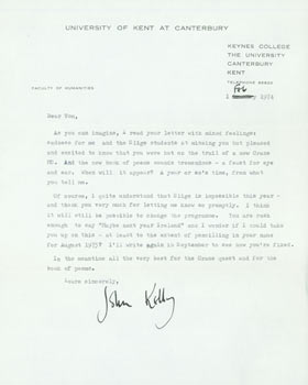 Item #63-4895 TLS John Kelly to Thomas Parkinson, February 1, 1974. RE: Yeats, Crane. John Kelly,...