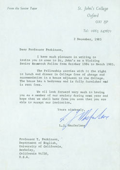 Item #63-4897 TLS L. J. Macfarlane to Thomas Parkinson, December 2, 1983. RE: Parkinson's appointment as a Visiting Senior Research Fellow. L. J. Macfarlane, St. John's College Senior Tutor, Oxford University.