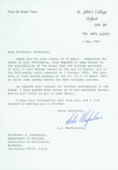 Item #63-4898 TLS L. J. Macfarlane to Thomas Parkinson, March 2, 1984. RE: dates of Parkinson's...