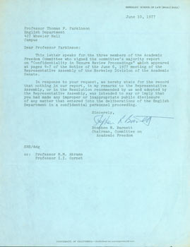 Item #63-4914 TLS Stephen R. Barnett to Thomas Parkinson, June 10, 1977. RE: Academic Freedom....