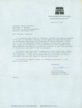Item #63-4919 TLS David McPherson to Thomas Parkinson, March 15, 1985. RE: Academia, Lee...