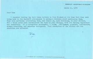 Item #63-4922 TLS Richard M. Bridgman to Thomas Parkinson, March 15, 1979. RE: Hart Crane, Yvor...