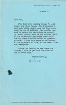 Item #63-4923 TLS Richard M. Bridgman to Thomas Parkinson, October 20, [1970]. RE: Homage To Jack...
