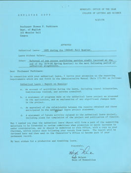 Item #63-4925 TLS Hugh McLean to Thomas Parkinson, September 27, 1979. RE: Sabbatical paperwork....