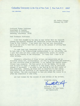 Item #63-4929 TLS Kenneth A. Lohf to Thomas Parkinson, May 13, 1980. RE: Hart Crane, Yvor...