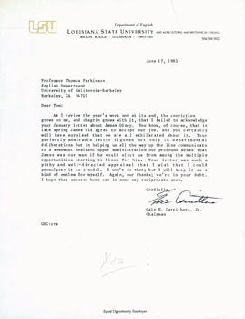 Item #63-4930 TLS Gale H. Carrithers, Jr. to Thomas Parkinson, with MS note by Parkinson penciled in margin, June 17, 1983. RE: faculty appointments. Gale H. Carrithers Jr, Louisiana State University English Department Chairman.