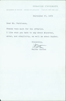 Item #63-4935 TLS Walter Sutton to Thomas Parkinson, September 27, 1972. RE: Gary Snyder. Walter...
