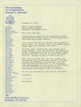 Item #63-4939 TLS Mal Warwick to Thomas Parkinson, December 4, 1979. RE: fundraising for Ron Dellums. Mal Warwick, The Committee for Congressman Ronald V. Dellums.