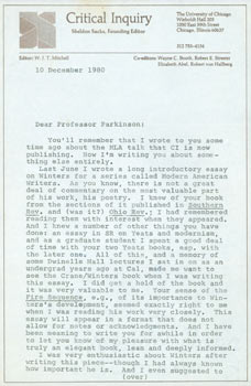 Item #63-4947 TLS Robert von Hallberg to Thomas Parkinson, December 10, 1980. RE: Yvor Winters....