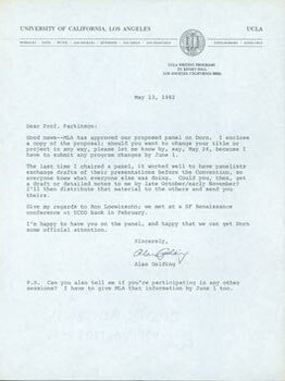 Item #63-4948 TLS Alan Golding to Thomas Parkinson, May 13, 1982. RE: Dorn. Alan Golding, UCLA