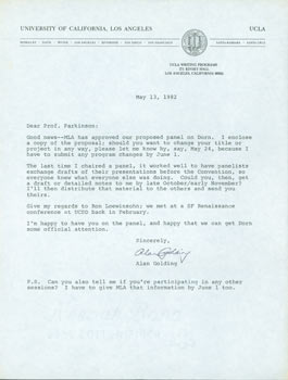 Item #63-4948 TLS Alan Golding to Thomas Parkinson, May 13, 1982. RE: Dorn. Alan Golding, UCLA