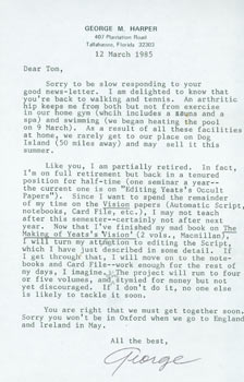 Item #63-4953 TLS George Mills Harper to Thomas Parkinson, March 12, 1985. RE: Yeats & Occult....
