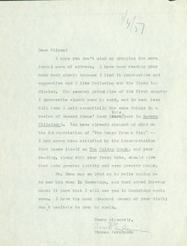 Item #63-4964 TLS Thomas Parkinson to [Frank] Wilson, November 4, 1957. RE: Cambridge, Yeats....