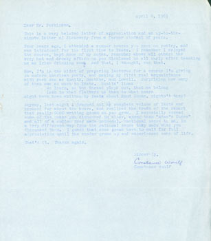 Item #63-4965 TLS Constance Woulf to Thomas Parkinson April 4, 1969. RE: Kunitz, Roethke, Lowell,...