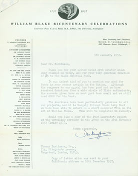 Item #63-4967 TLS Vaughan to Thomas Parkinson July 18, 1958. RE: William Blake Bicentenary...