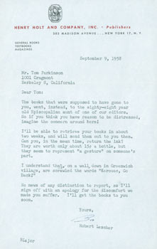 Robert Lescher (Henry Holt & Company) - Tls Robert Lescher to Thomas Parkinson, September 9, 1958. Re: Kerouac
