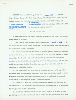 Item #63-4989 Unsigned Contract between Coward-McCann & Thomas Parkinson, March 25, 1960. Inc...