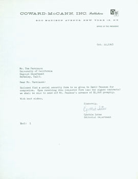 Item #63-4992 TLS Cynthia Istas to Thomas Parkinson, October 22, 1963. RE: David Pesonen's...