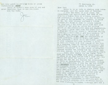 Item #63-5001 TLS James Schevill to Thomas Parkinson, March 2, 1964. RE: Parkinson's poetry; Yeats. Poet and Professor at California College of Arts, Crafts, SF State, Poet, Professor at California College of Arts.