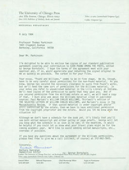 Item #63-5012 TLS Barbara Hanrahan to Thomas Parkinson July 8, 1984. RE: Ezra Pound Among The...