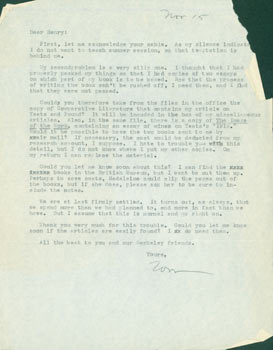Item #63-5031 TLS Thomas Parkinson to Henry [Rago?], November 15, [1958]. RE: Yeats, British...