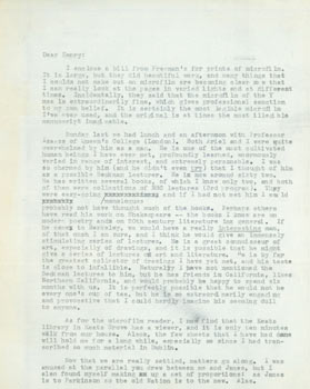 Item #63-5032 TLS Thomas Parkinson to Henry [Rago?], [1958]. RE: microfilm, Queen's College,...