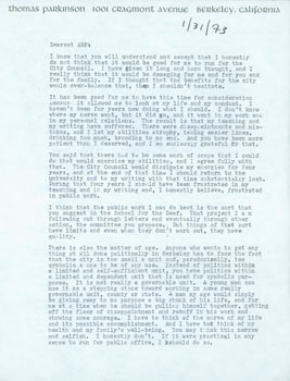 Item #63-5054 TLS Thomas Parkinson to his wife, Ariel Reynolds Parkinson, January 31, 1973. RE:...