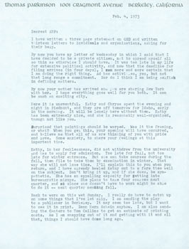 Item #63-5055 TLS Thomas Parkinson to his wife, Ariel Reynolds Parkinson, February 4, 1973. RE: Ariel's painting exhibition opening, Parkinson sending his play to the publisher. Thomas F. Parkinson, 1920 - 1992.