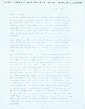 Item #63-5057 TLS Thomas Parkinson to his wife, Ariel Reynolds Parkinson, July 12, 1974. RE:...