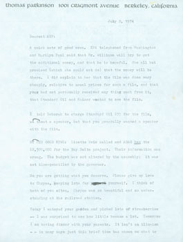 Item #63-5060 TLS Thomas Parkinson to his wife, Ariel Reynolds Parkinson, July 12, 1974. RE: Bay...