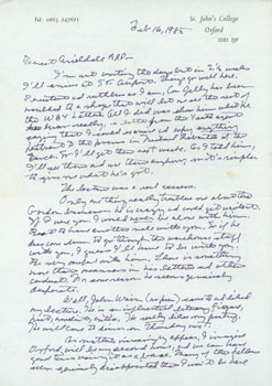 Item #63-5065 ALS Thomas Parkinson to his wife, Ariel Reynolds Parkinson, February 16, 1985. RE: William Butler Yeats letters. Thomas F. Parkinson, 1920 - 1992.