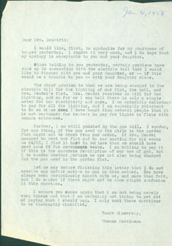 Item #63-5156 TLS Parkinson to correspondent Mrs. Neuwirth, January 6, 1958. RE: billing. Thomas...