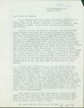 Item #63-5159 TLS Parkinson to Joyce & Gordon Eric Reynolds. October 1, 1957. RE: The Nation,...