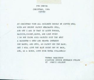 Item #63-5172 For Chrysa. Christmas, 1984. Oxford. Typed Poem. MS note inked on verso: "Chrysa."...