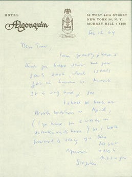 Item #63-5188 ALS Stephen Dunning to Thomas Parkinson, February 12, 1964. RE: Parkinson's Yeats...