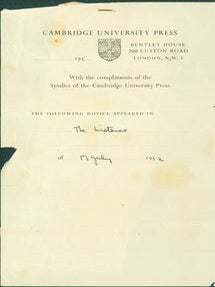 Item #63-5193 With The Compliments of the Syndics of the Cambridge University Press, The...