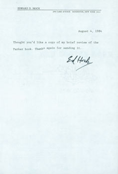 Item #63-5203 TLS Edward D. Hoch to Herb Yellin, August 4, 1984. RE: review of Robert B. Parker,...