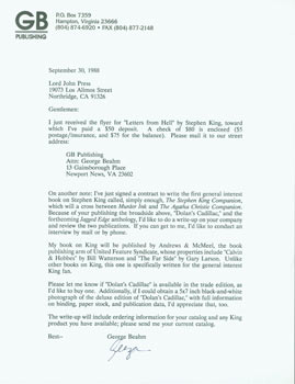 Item #63-5206 TLS George Beahm to Herb Yellin, September 30, 1988. RE: Stephen King. George Beahm