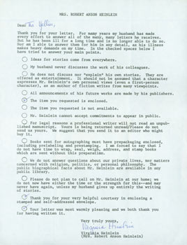 Item #63-5207 Signed Form Letter Mrs. Robert Anson Heinlein to Herb Yellin. Mrs. Robert Anson...