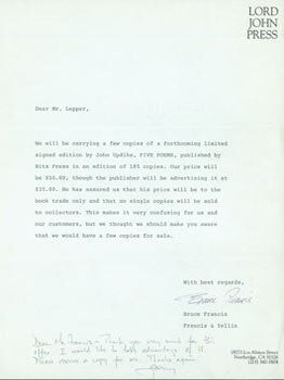 Item #63-5224 TLS Bruce Francis (Lord John Press) to Gary Lepper. RE: John Updike, Five Poems....
