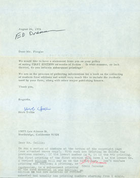 Item #63-5226 TLS by Herb Yellin to Ed Doremus, August 26, 1974, with reply by Doremus to Yellin...